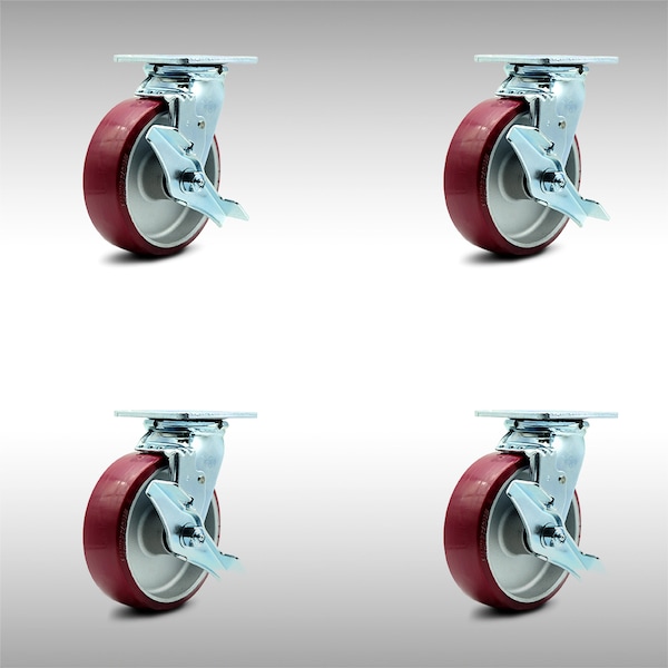 6 Inch SS Poly on Aluminum Swivel Caster Set with Ball Bearings and Brakes SCC